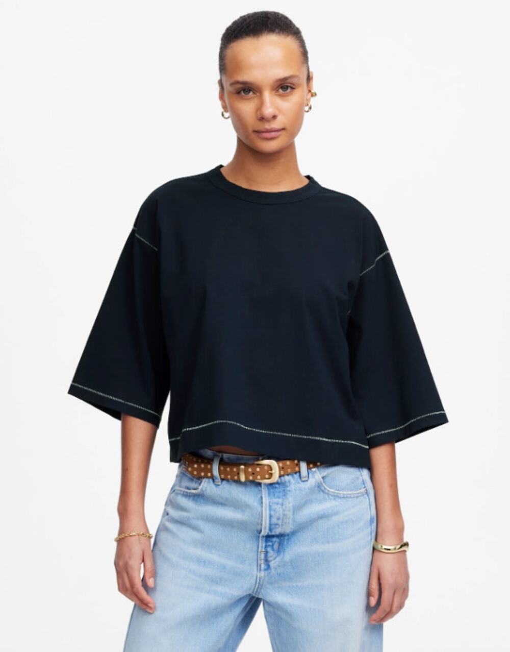 Madewell Wide Sleeve Boxy Tee WMNS 2XS Dark Navy Drop Shoulder Contrast Stitch
